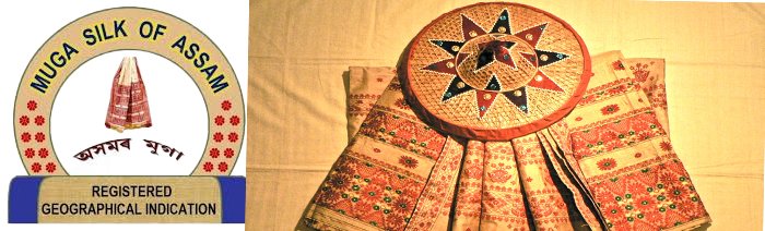 Logo of Muga Silk of Assam, showcasing a traditional woven design with a colorful ornament on top.