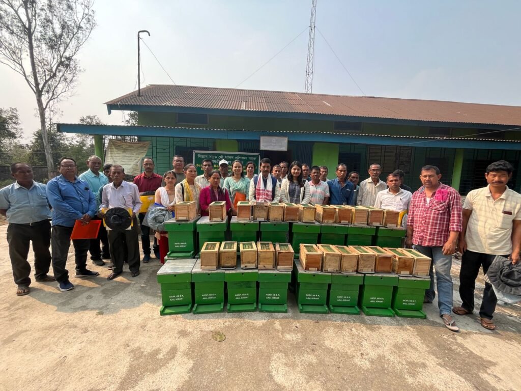 Group photo of beekeepers and trainers standing in front of a building, with green beehives and equipment displayed in the foreground.