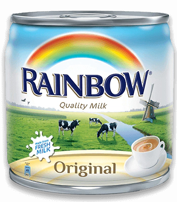 Can of Rainbow brand evaporated milk featuring a picturesque farm scene with cows and a rainbow, labeled 'Original'.
