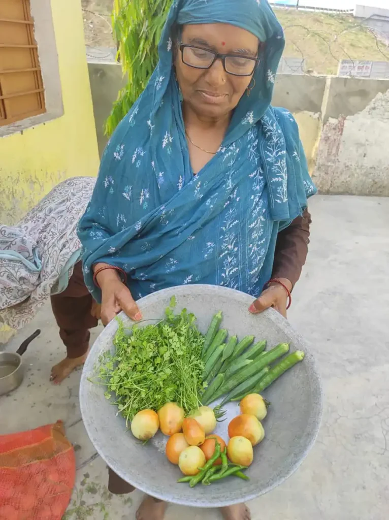 An elderly woman wearing a blue scarf and glasses, holding a round plate filled with various fresh vegetables, including coriander, green chilies, okra, and tomatoes, with a yellow wall and greenery in the background.