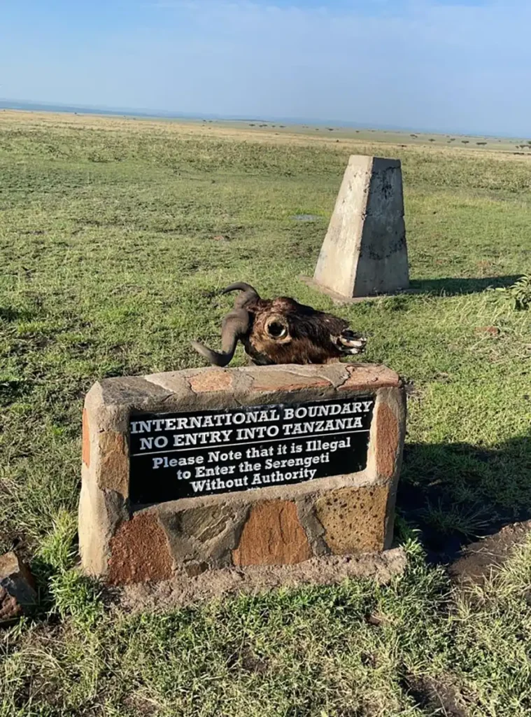 A sign marking the international boundary between Kenya and Tanzania, with a wildebeest carcass lying on the ground nearby, set against a grassy landscape and blue sky.