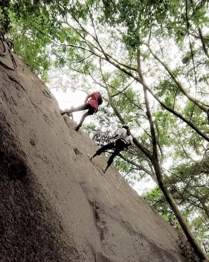 Two individuals engaging in rock climbing on a steep rocky surface, surrounded by lush greenery and trees.