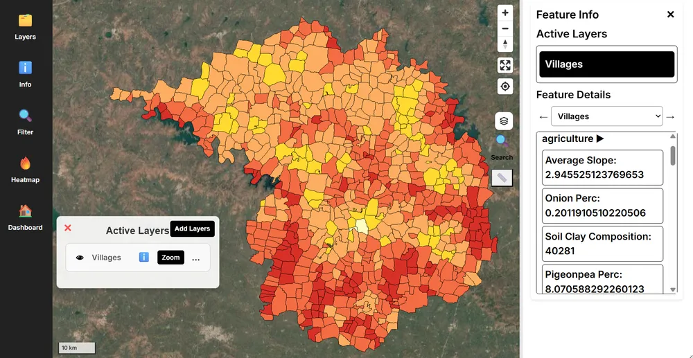 Map showing agricultural data with color-coded regions representing different crop types and other features in a rural area.