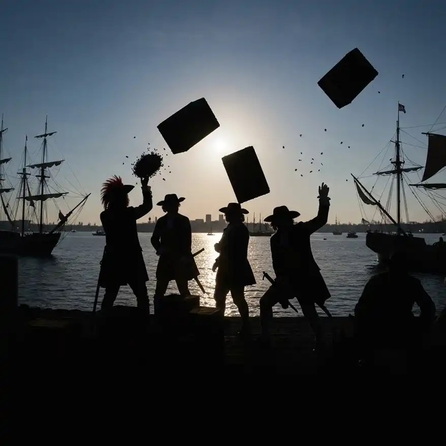 Silhouetted figures participating in the Boston Tea Party, tossing tea boxes into the harbor with ships in the background against a sunset
