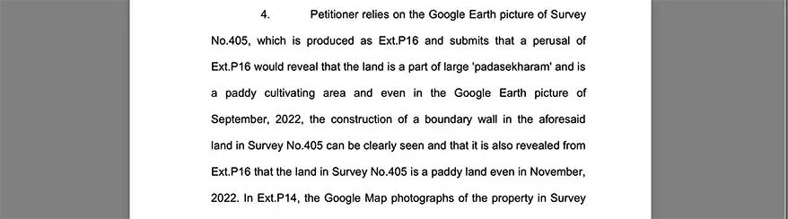 A legal document referencing Survey No. 405, highlighting its status as part of a paddy cultivating area with supporting evidence from Google Earth images.ver