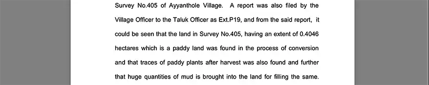 A report documenting the conversion of paddy land in Survey No. 405 of Ayanthole Village, indicating traces of paddy plants and the illegal filling of the land.