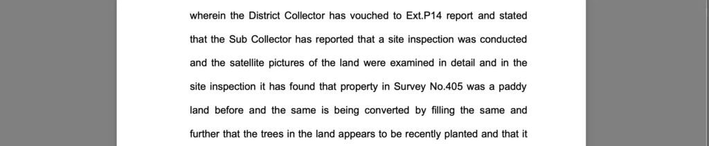 Text from a legal document discussing site inspection findings related to land in Kerala, detailing its history as paddy land and recent conversions.