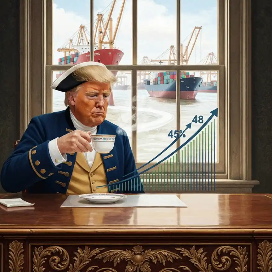A digital artwork depicting a man in historical attire, resembling a founding father, sipping tea at a desk with a view of shipping containers and graphs illustrating tariff increases.