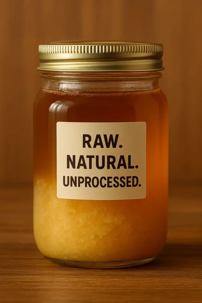 A jar of raw, unprocessed honey with a label reading 'RAW. NATURAL. UNPROCESSED.' The honey is partially crystallized, with a thick creamy layer at the bottom and liquid honey above.