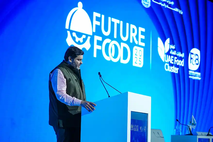 Prof. Gourav Vallabh delivering a keynote speech at the Future Food Forum 2025 in Dubai,