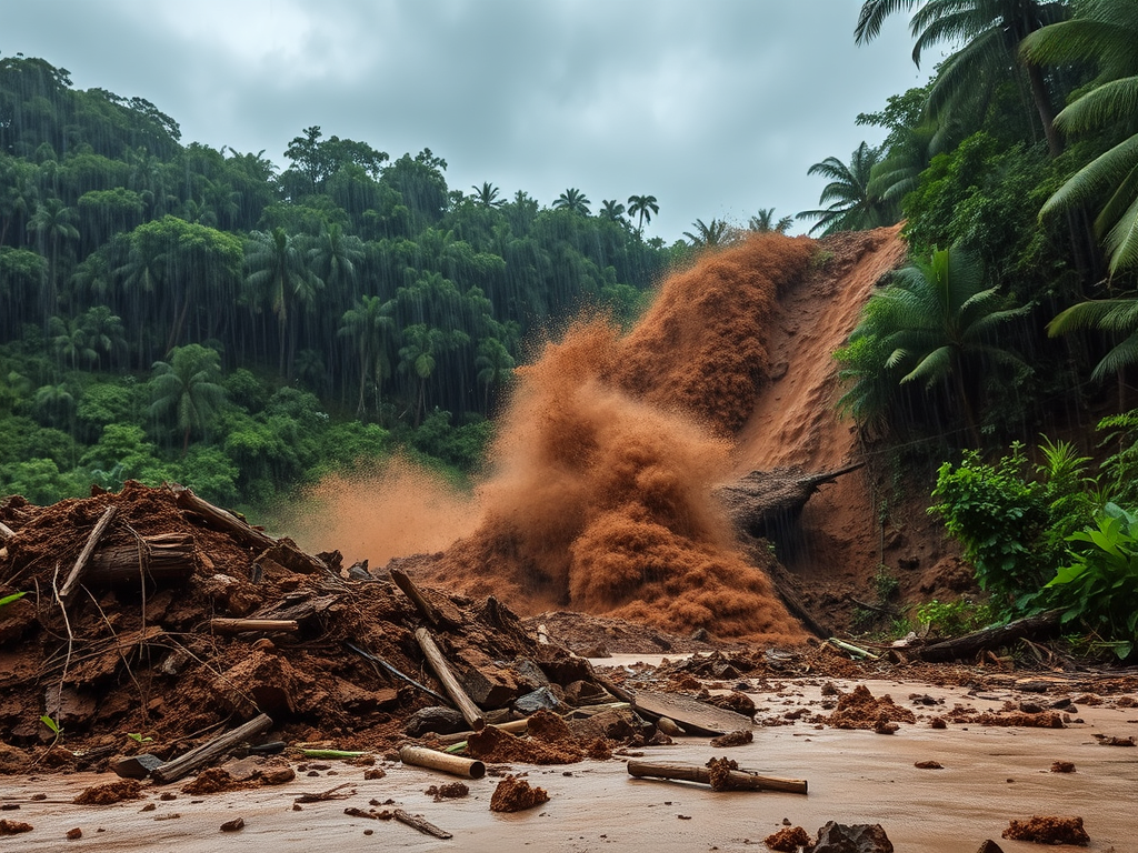 A landslide cascading down a hill, with a large flow of brown mud and debris pouring down into a lush green valley, surrounded by palm trees and heavy rainfall.