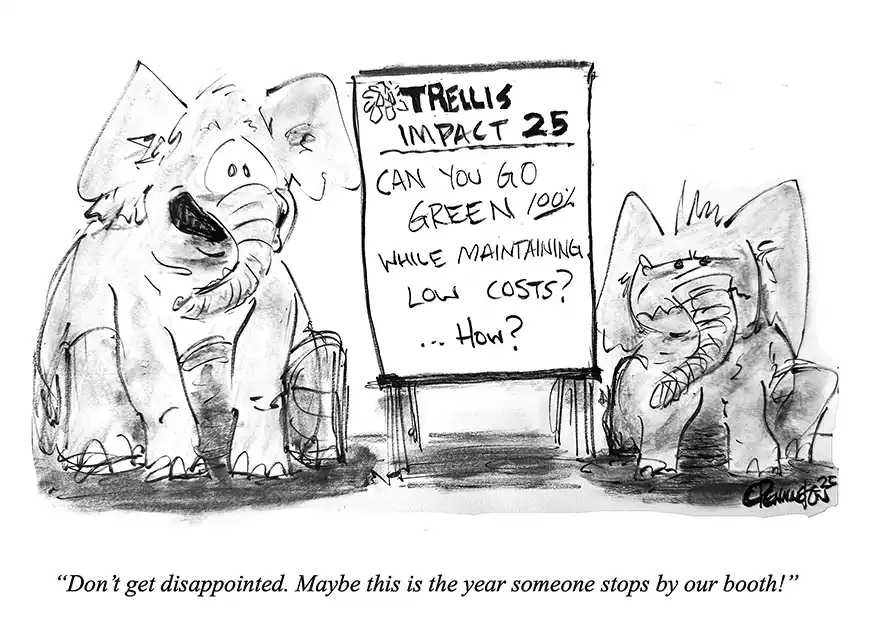 A cartoon featuring two elephants discussing sustainability at a booth. One elephant expresses hope for visitor engagement, while a sign asks about achieving 100% sustainability at low costs.