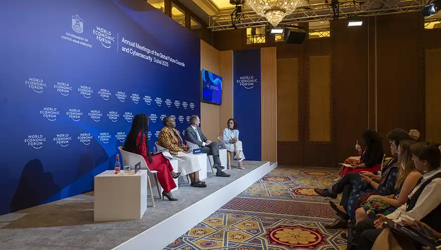 Panel discussion at the World Economic Forum's Annual Meetings of the Global Future Councils and Cybersecurity 2025 in Dubai, featuring experts discussing food security and innovation.