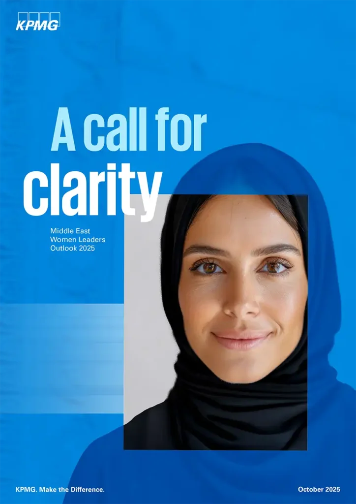 Cover image of KPMG's report titled 'A Call for Clarity' featuring a smiling woman in a hijab against a blue background.