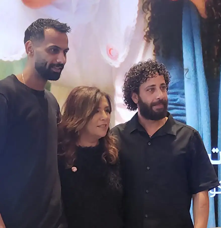 Omar Alqam of Palestine Red Crescent Society, director Kaouther Ben Hania and Motaz Malhees, who plays Omar in the film 