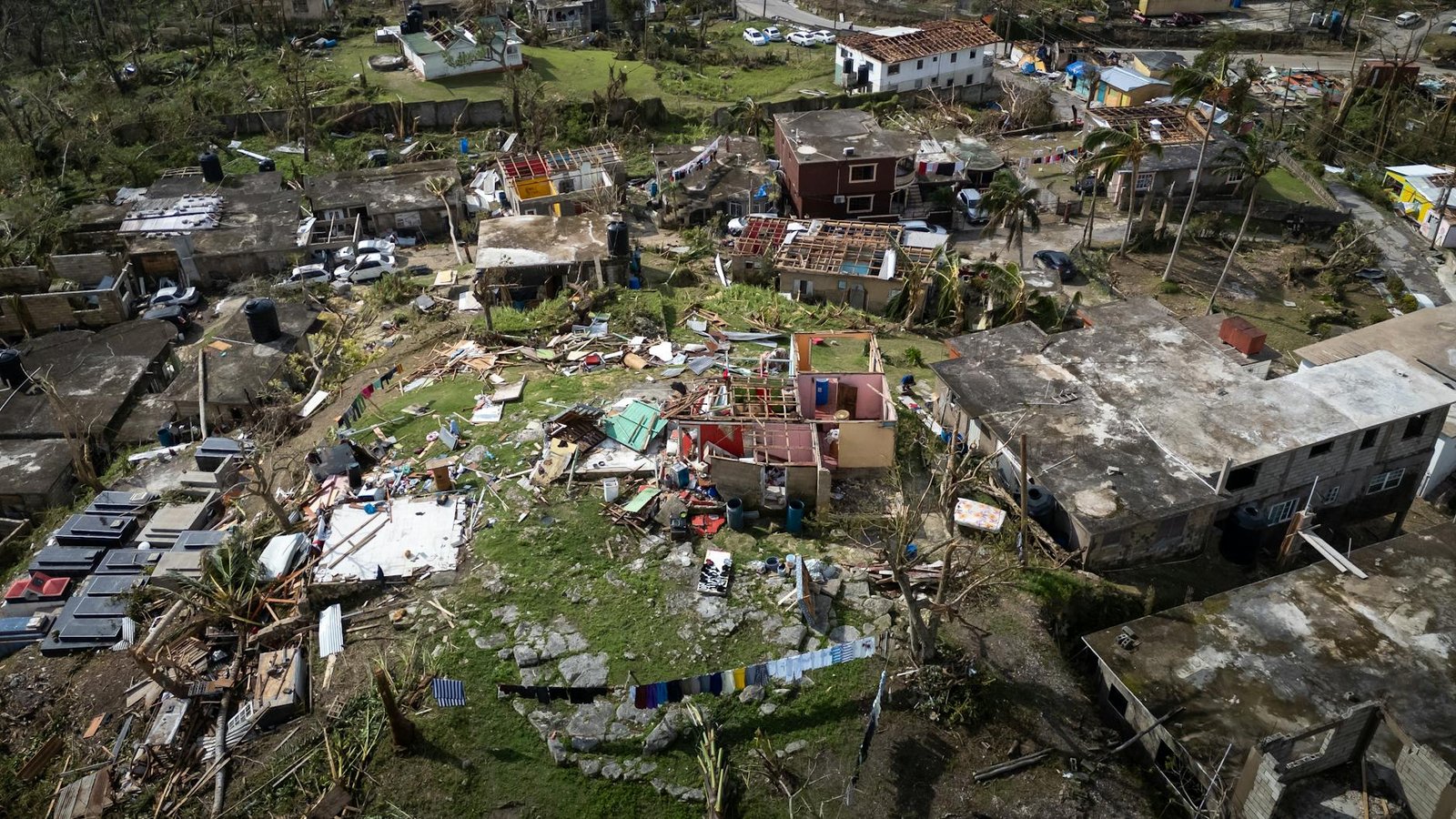 aerial view of hurricane destruction in urban area