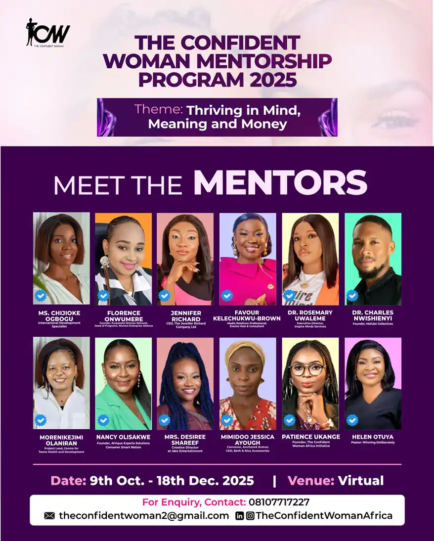 Promotional graphic for The Confident Woman Mentorship Program 2025, featuring 'Thriving in Mind, Meaning, and Money' theme. Visual includes mentor headshots and program details.