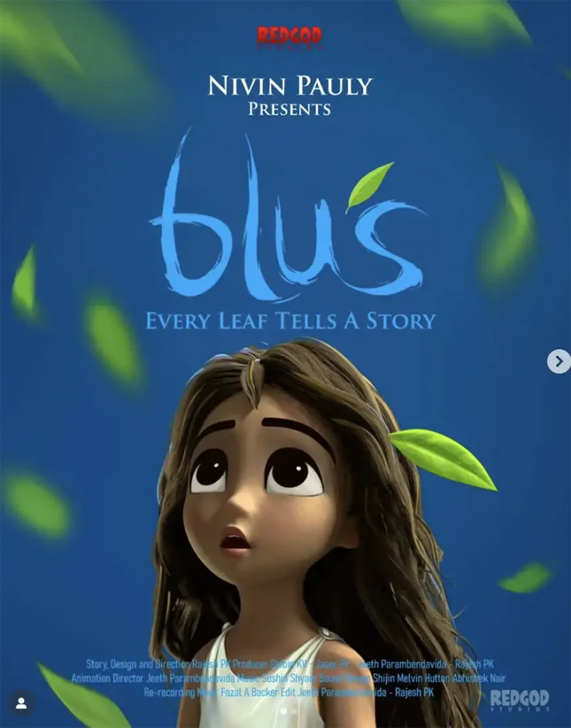 A colorful promotional poster for the animated film 'Blu's', featuring a young girl with large eyes and brown hair, gazing upward with evident curiosity. The background is blue, adorned with green leaves. The title 'Blu's' and tagline 'Every Leaf Tells a Story' are prominently displayed.