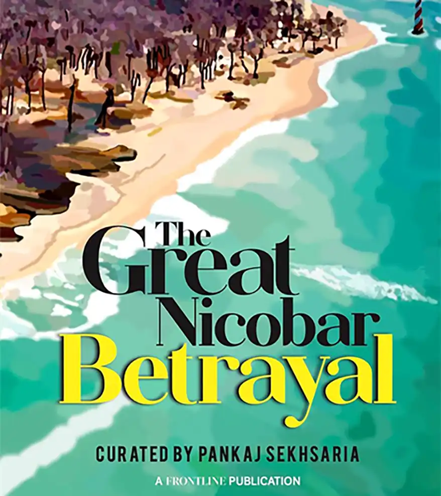 Cover illustration of 'The Great Nicobar Betrayal,' depicting a coastal landscape with trees and water, featuring the title in bold typography.