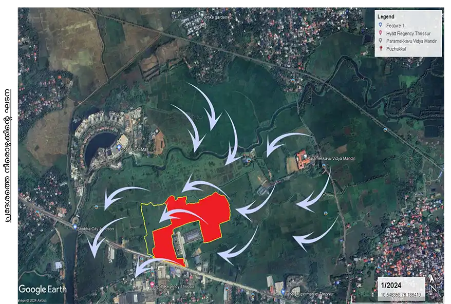 A satellite map showing a region in Thrissur, Kerala, with outlined areas in red and directional arrows indicating water flow patterns. Locations of interest, including Sobha City Mall, are marked.