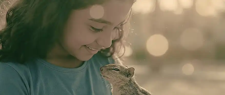 A young girl smiles while interacting with a squirrel, creating a warm and affectionate moment. The background features soft, blurred light, enhancing the gentle atmosphere.