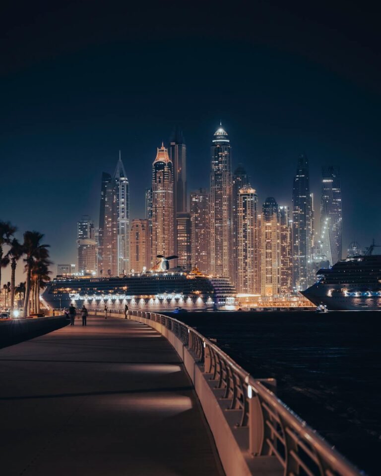 scenic night view of dubai skyline and marina