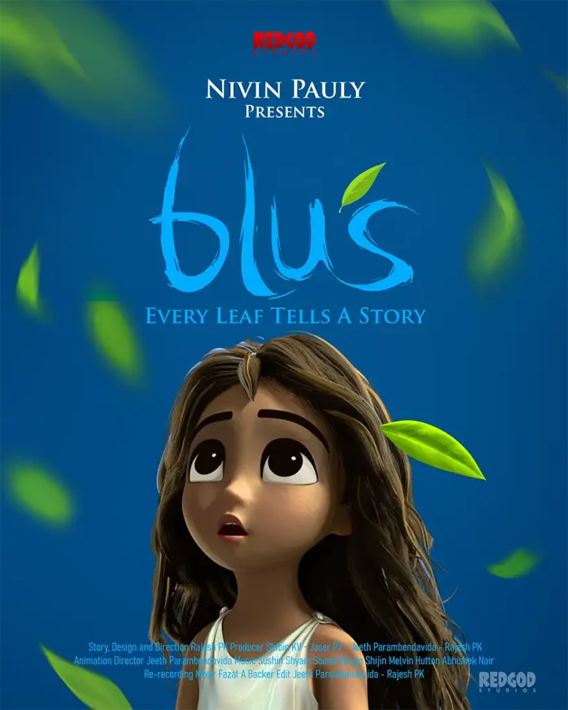 Poster for the animated short film 'Blu's', featuring a stylized illustration of a young girl with long hair looking up, surrounded by floating green leaves against a blue background. The text includes the film's title and tagline 'Every Leaf Tells a Story'.