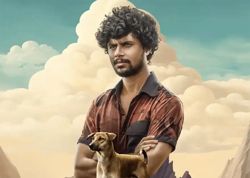 A man wearing a plaid shirt poses confidently with a small dog at his feet, against a backdrop of stylized clouds and mountains.