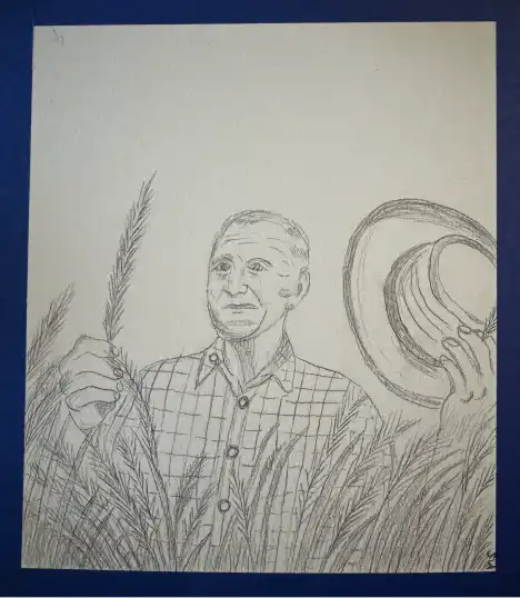 Sketch of Dr. Normal Borlaug by Dr. Meenakshi Santra
Author/illustrator's note: This sketch portrays Dr. Norman Borlaug standing among wheat symbolizing a life devoted to fighting hunger. It is reflecting the quiet strength of a man whose legacy continues to feed the world.