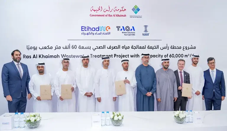 The Government of Ras Al Khaimah, represented by the Public Services Department signed a long-term Sewage Treatment Agreement (STA) with a consortium of companies, comprising Etihad Water and Electricity (EtihadWE), TAQA Water Solutions and Saur International. The agreement covers the development of the Ras Al Khaimah Wastewater Treatment Plant, with a treatment capacity of 60,000 cubic meters per day. Upon completion the project will serve a potential population of 300,000.