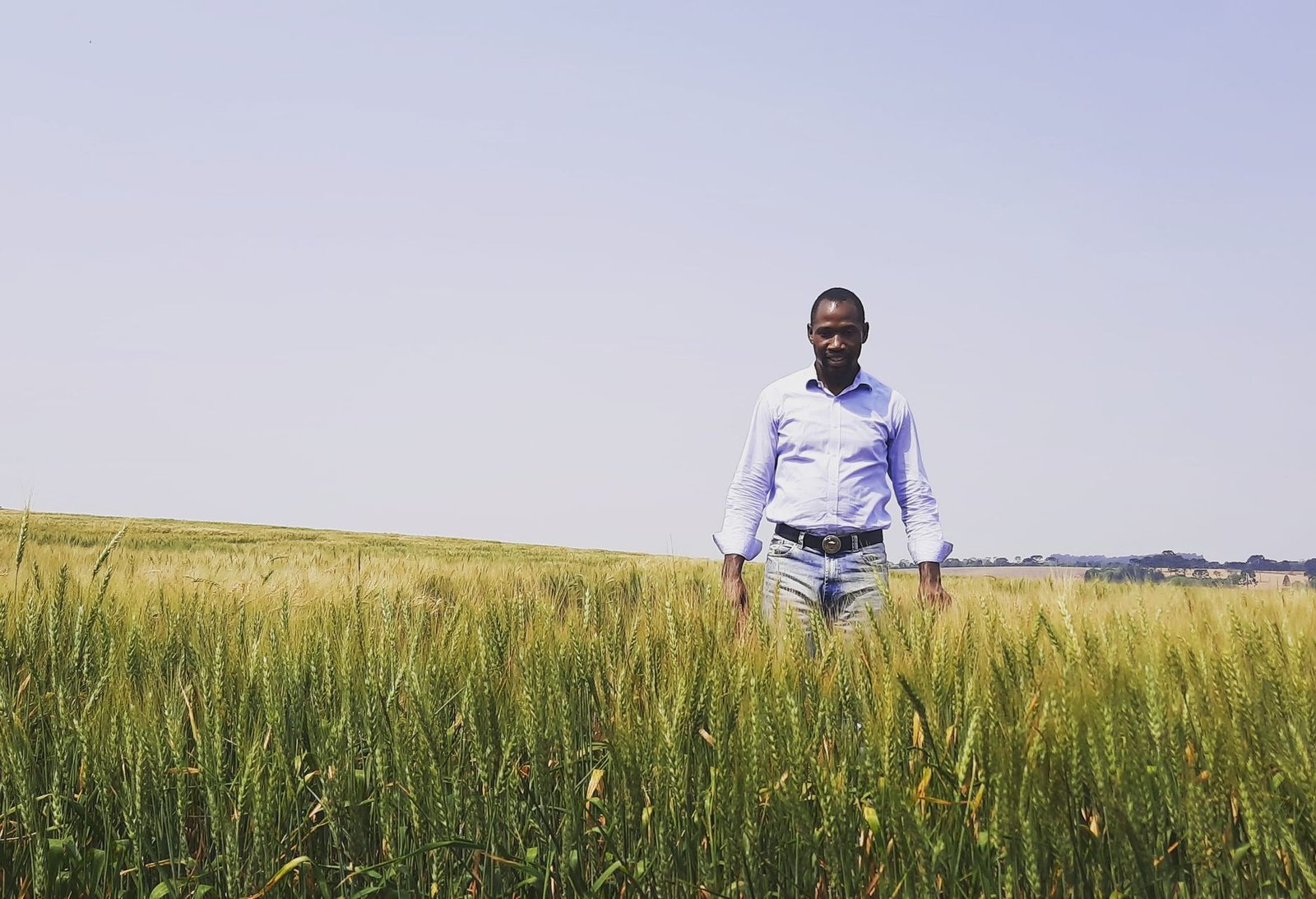 man wearing long sleeve polo standing on wheat field