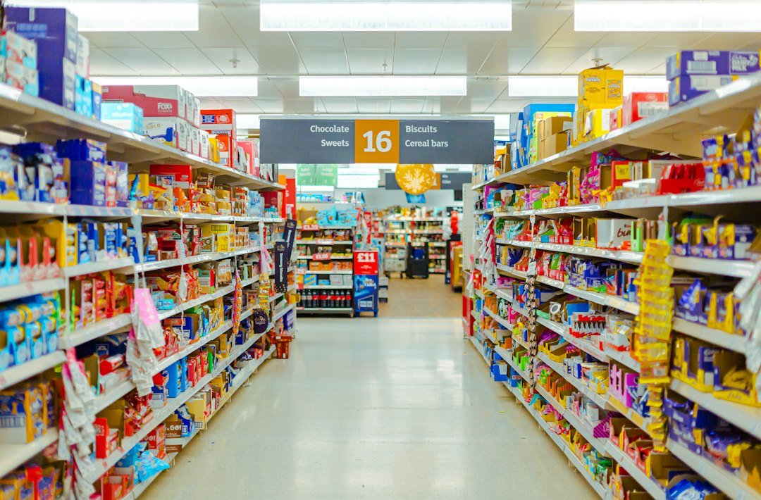A supermarket aisle stocked with packaged food