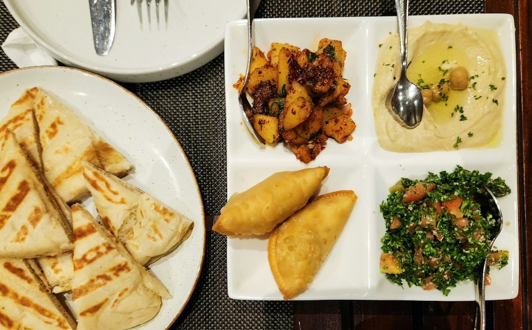 A platter of Middle Eastern dishes