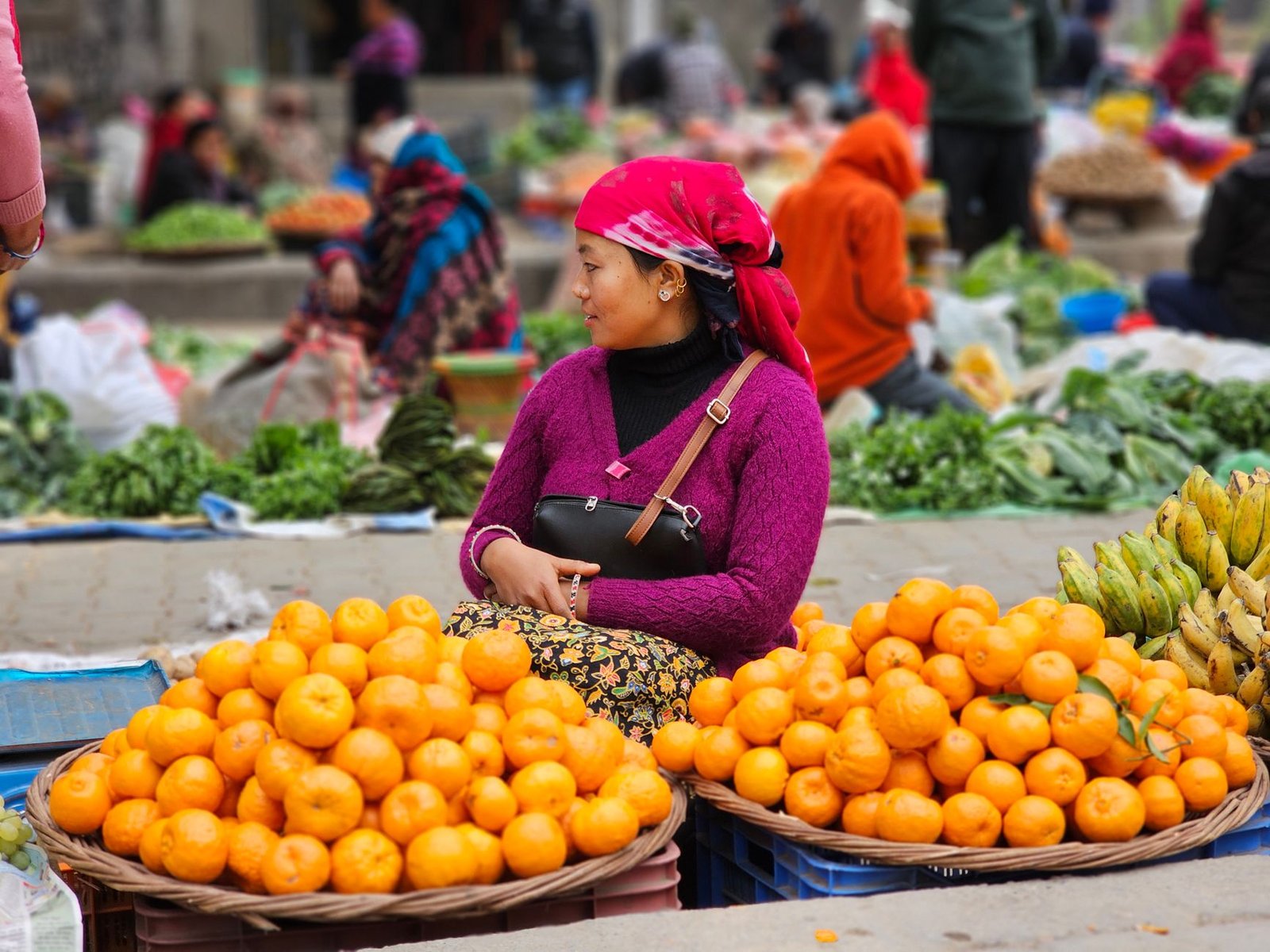 indian woman selling fruits by a market stall