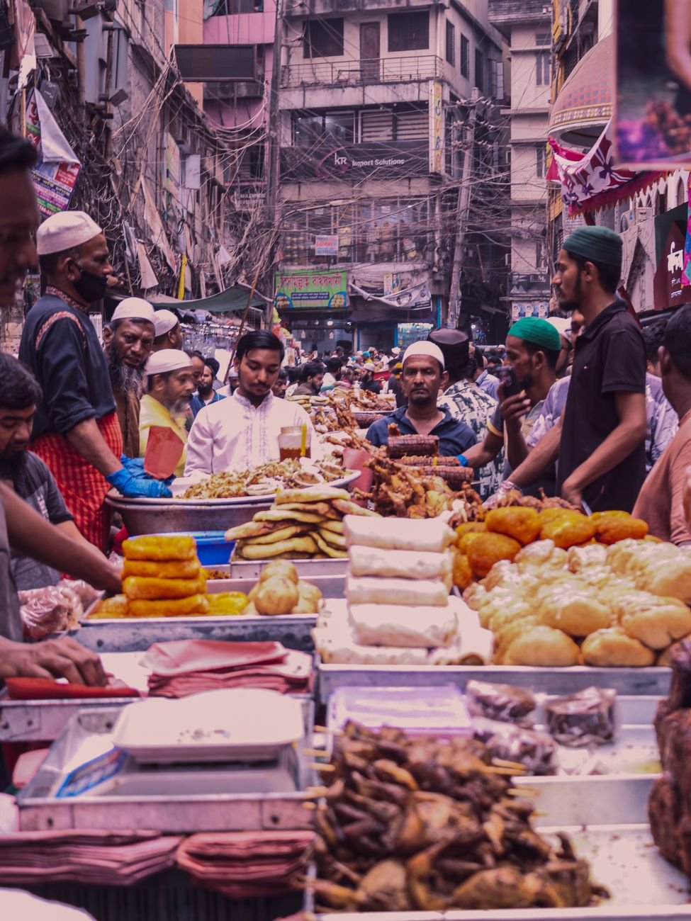 vibrant street food market in urban setting