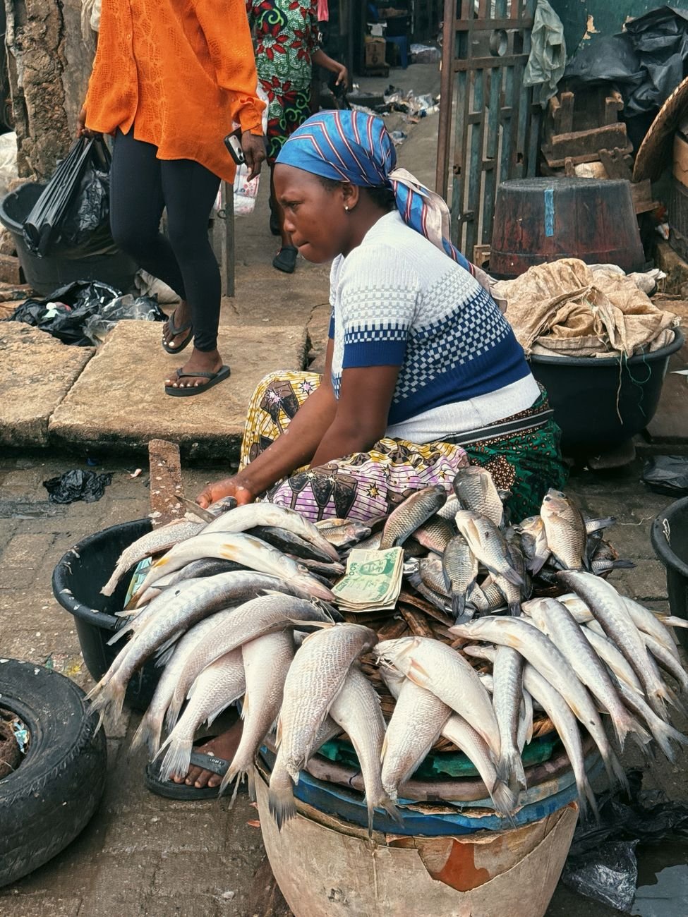 street market fish vendor displaying fresh catch