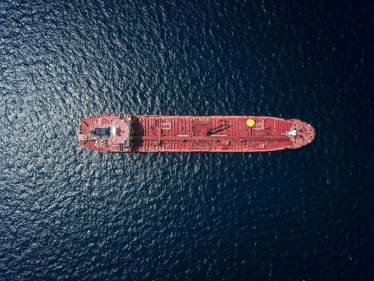 Aerial view of an oil tanker ship at sea