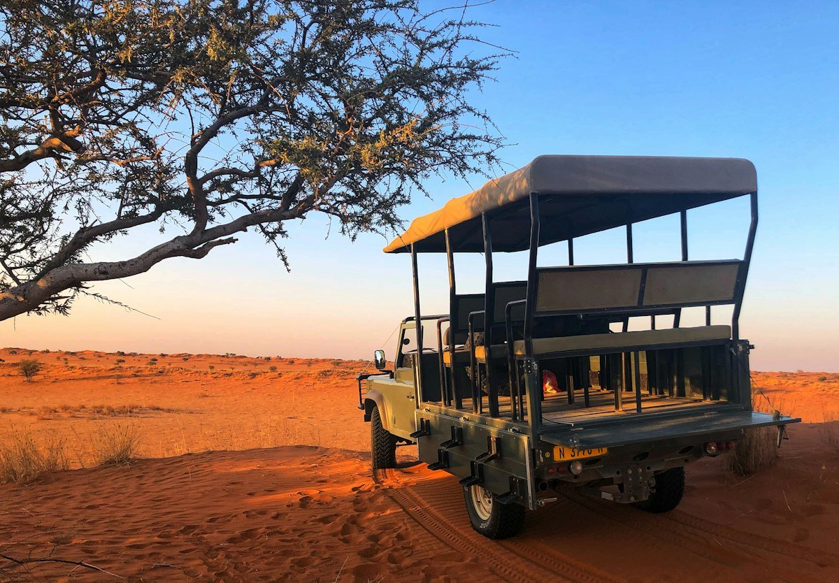 Safari vehicle driving through the Kalahari desert at sunset