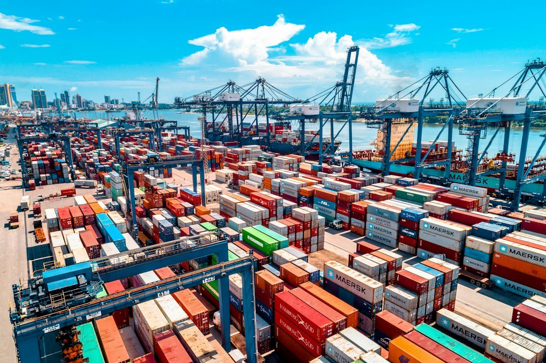Stacked shipping containers at a port